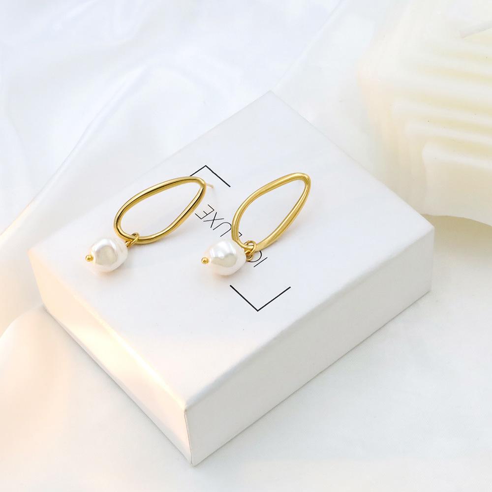 Accessories 18K Geometric Titanium Steel Pearl Stud Earrings Women'S Non-Fading Baroque Pearl Earrings