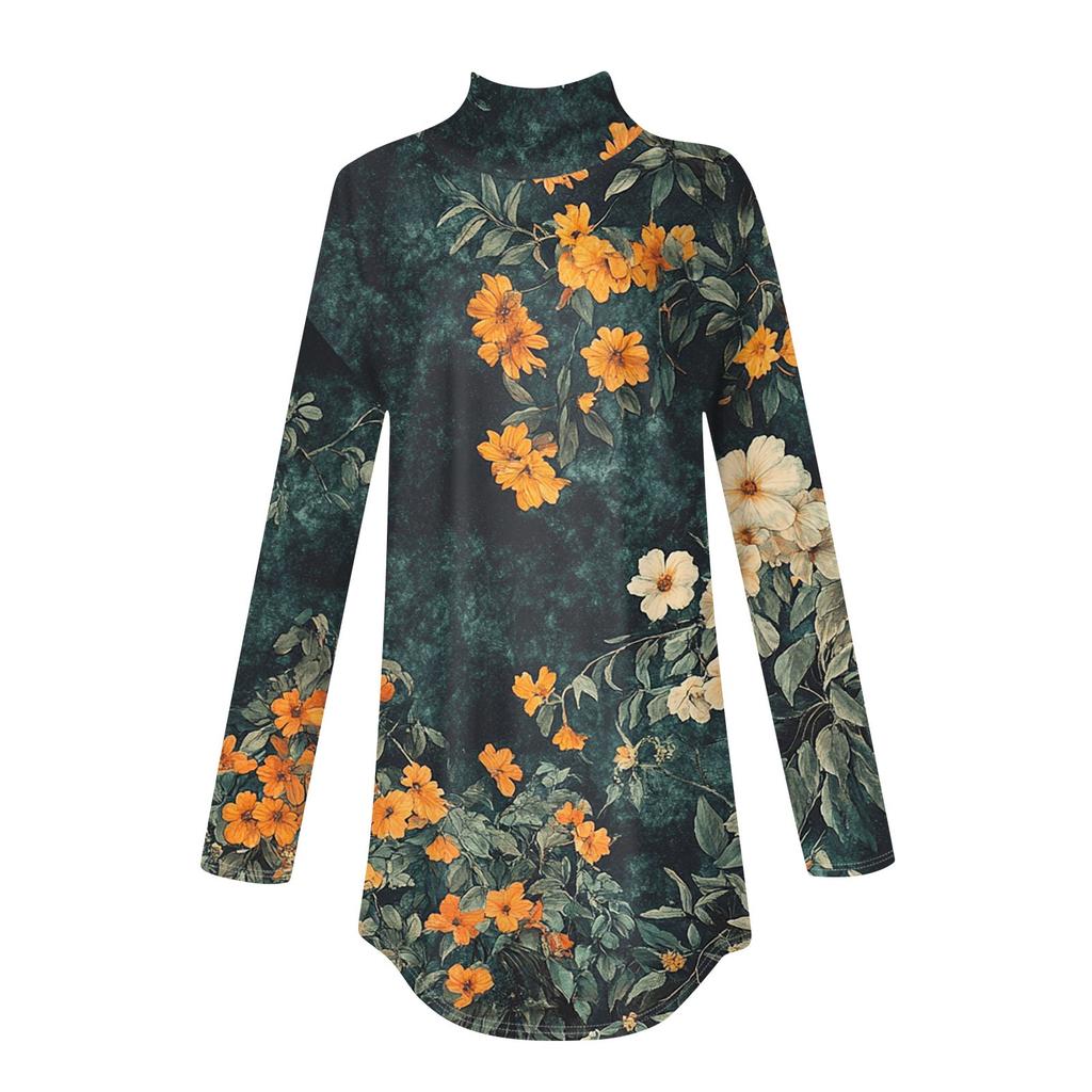 Tee Shirts For Women Fall Casual Long Sleeve Shirts Sweatshirt Vintage Printed High Neck Top Pullover