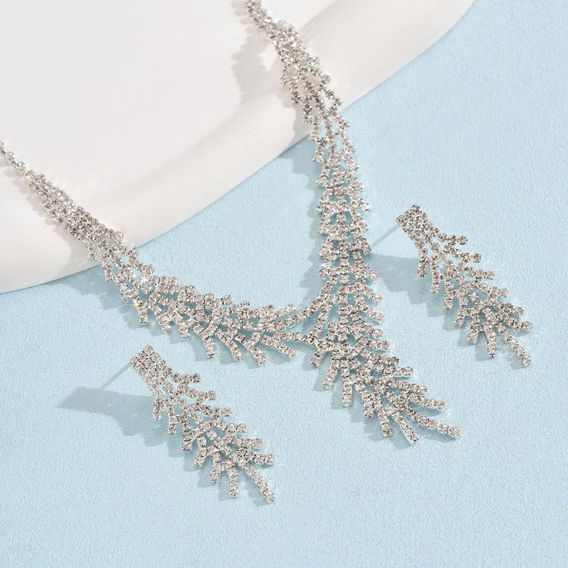 Elegant Crystal Claw Chain Necklace Earring Set Women - Tone Leaf Geometric Design Statement Jewelry Evening Gala