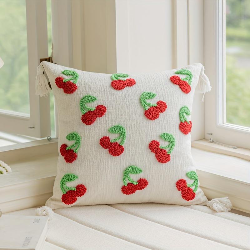 

1 шт. Богемная бархатная наволочка, Милый узор из цветов и вишневых кругов, 100% полиэстер, Только ручная стирка, Застежка-молния, Без наполнителя, 45cm*45cm