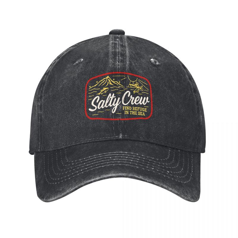 Salty Crew Logo Patch Washed Canvas Baseball Cap Dark Gray Embroidered Design Outdoor Adventure Style Adjustable Fit