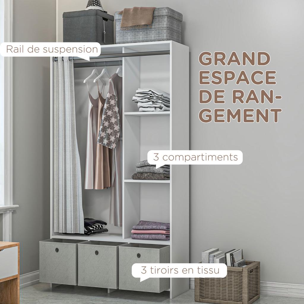 Wardrobe Closet Storage Cabinet With Hanging Rod Curtains 3 Removable Fabric Drawers 105 X 48 X 160 Cm White