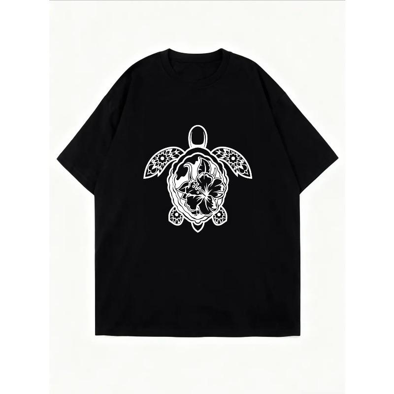 White Crewneck T Shirt With Turtle Outline Print For Casual Wear