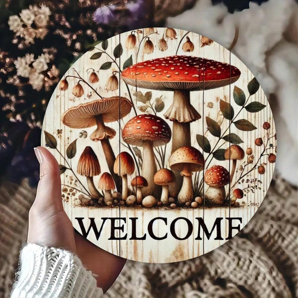 Metal Mushroom Sign Round Wall Art For Home Decor Garden Porch Plaque 7.8x7.8 Inch