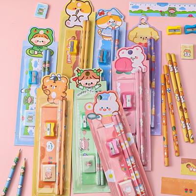 Ensemble de papeterie mignon pour étudiants, gomme à crayon, taille-crayon, règle, enfants de la maternelle, pratique de l'écriture, fournitures scolaires