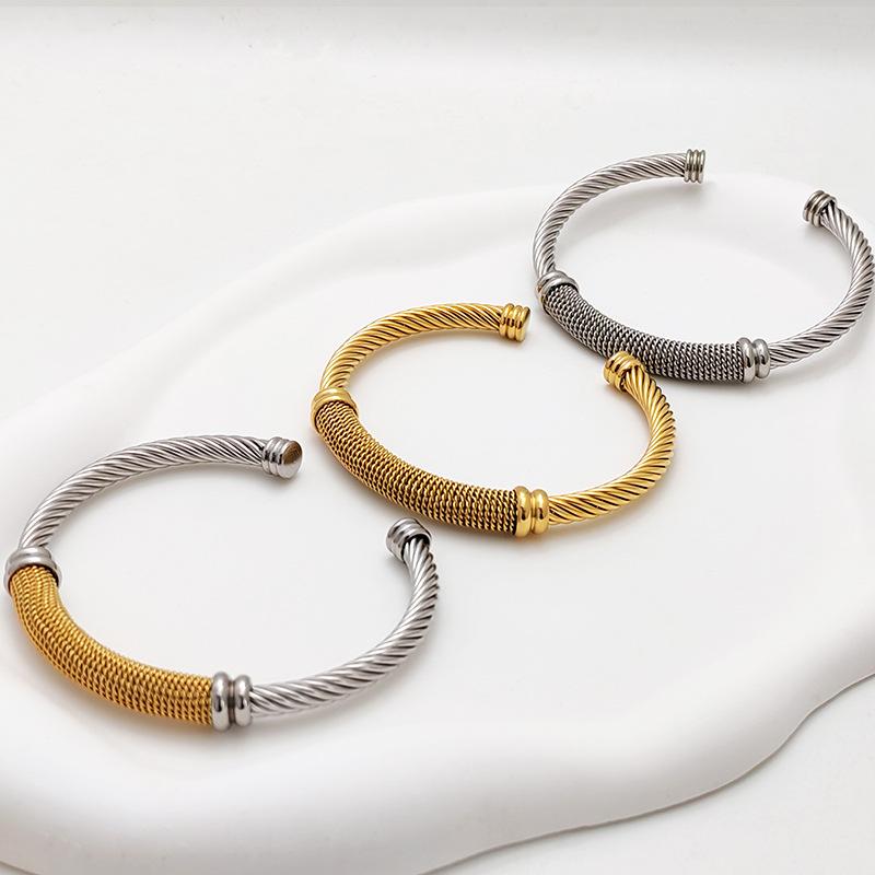 Stylish European-American 18K Gold Stainless Steel Wire Bracelet for Women, Geometric Open Design, Inlaid with Colored Diamonds, Colorfast.