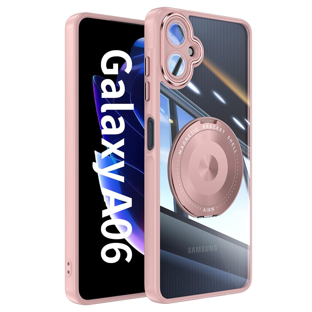 

For Samsung Galaxy A06 4G Magnetic Case PC+TPU Phone Cover with Rotating Metal Kickstand,Lens Protector Pink