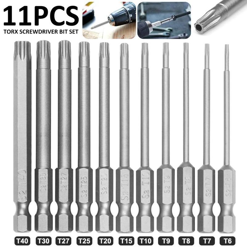75mm/11Pcs Torx Screwdriver Bit Set 1/4 Inch Hex Shank Tough Torx Star Hex Security Bit Set Professional Magnetic Star S2 Steel