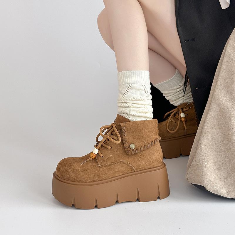 Retro Solid Color Design, Thick-soled Lace-up Folding Martin Boots for Women's 2025 Autumn and Winter New Models, Small People Increase Height and