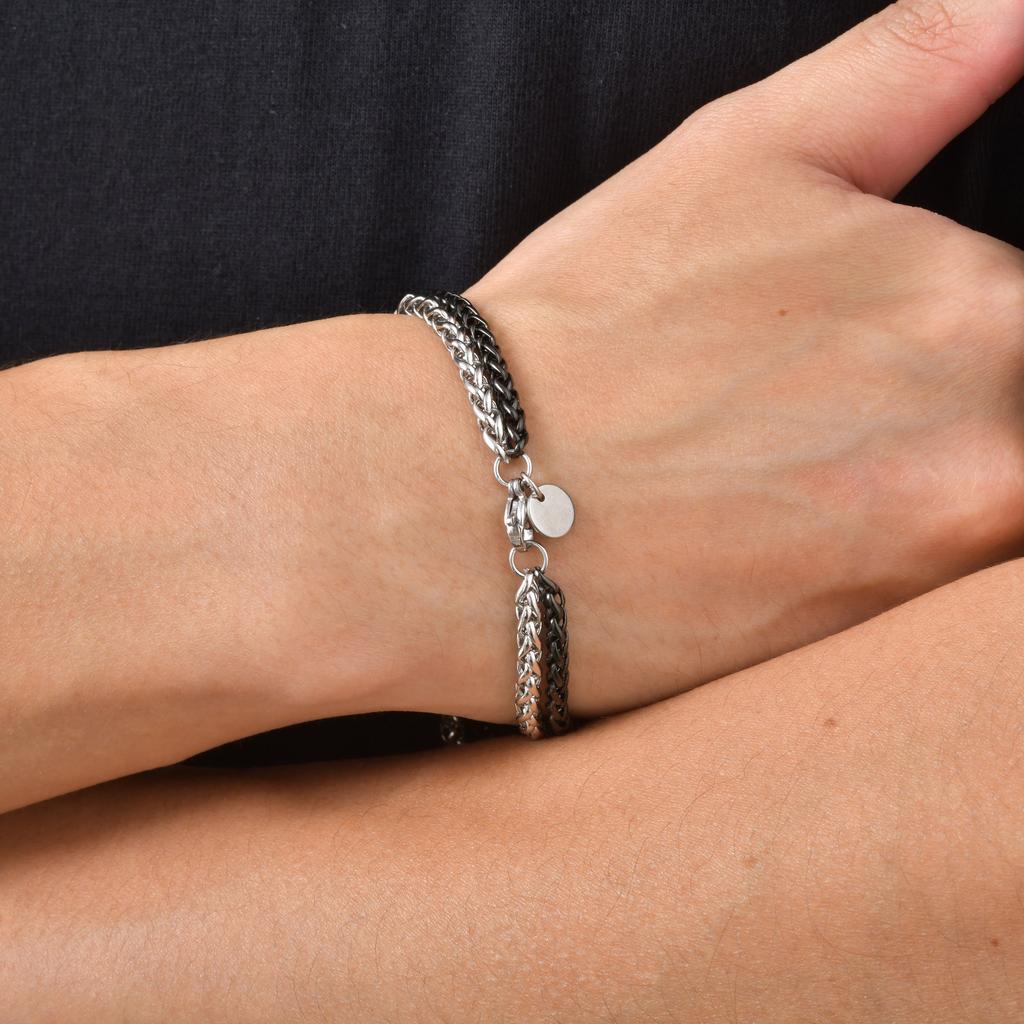 Vnox Zweilagige Armbänder für Herren, Zweifarbig Schwarz und Silberfarbene Edelstahl-Fuchsschwanz-Kettenarmband, Trendiges Schmuckgeschenk