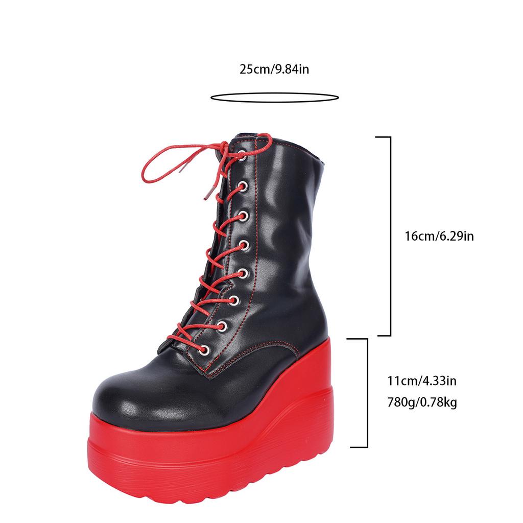 Color Blocked Side Zip Wedge Heel Mid-Calf Boots  Thick Sole Punk Gothic Boots For Women Front Lace Up Platform Shoes Botas