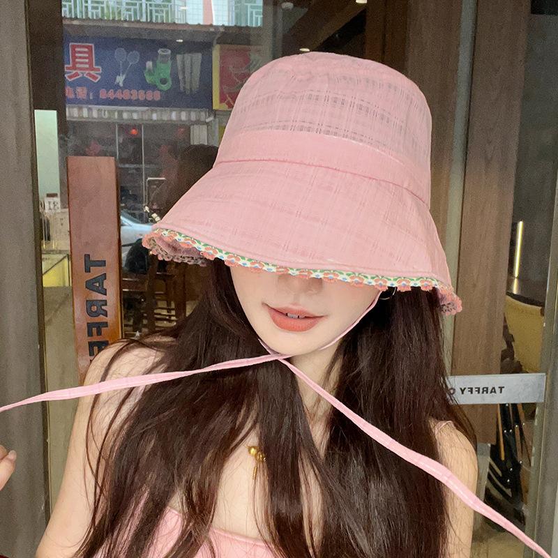 Sweet Floral Edge Bucket Hat Women's Summer Big Brim Showing Washbasin Hat Fashionable Versatile Sunshade Sunscreen Basin Hat