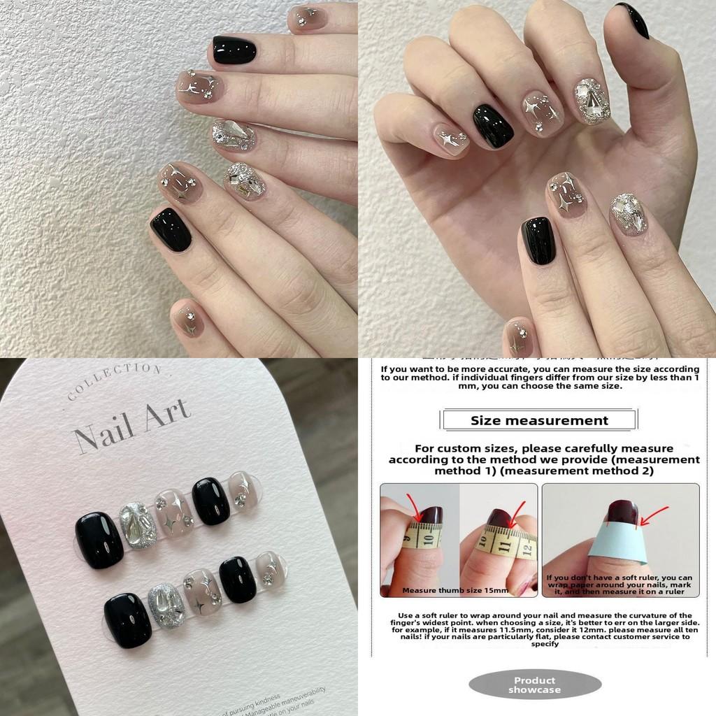 Short Fake Nail Stickers With Black Glitter Water Diamoans And Star Motifs For Student And Casual Use