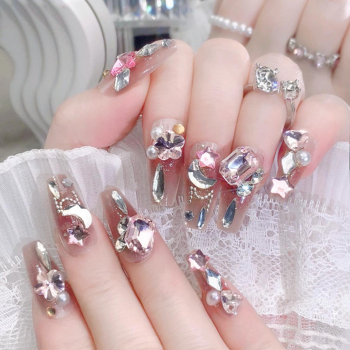 Cross-border diamond-encrusted flash butterfly moon water drop diamond long ladder nail piece wearing nail piece NailsU97