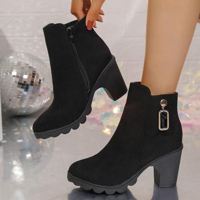 Autumn and Winter New Thick Heel Large Size Side Zipper Pendant Short Boots Women's High Heel Martin Boots