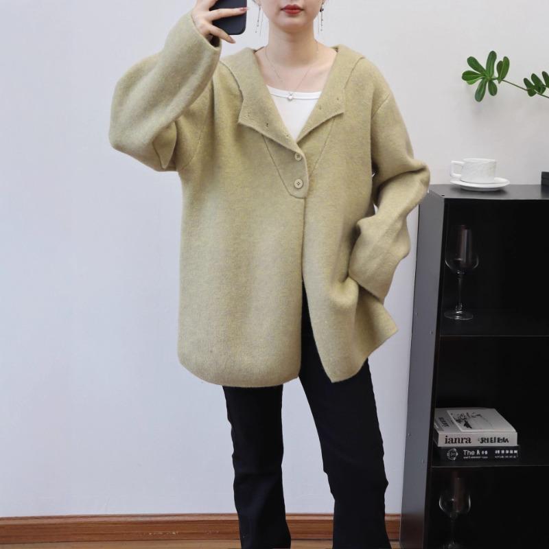 Autumn and winter new hooded design sense medium and long sweater jacket solid color loose high sense knitted cardigan women
