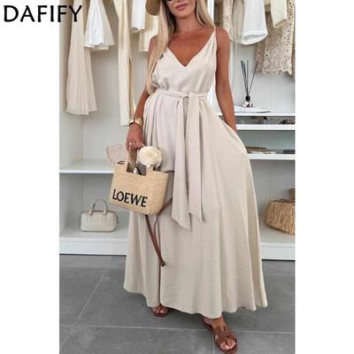 Damenmode Sommer Frühling Einfarbig Druck Ärmellos V-Ausschnitt Lockere Taille Freizeitkleider