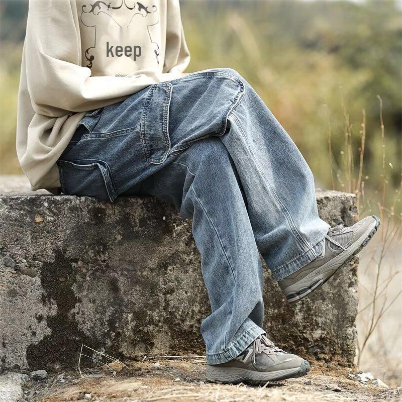 Men's Japanese Retro Workwear Denim Jeans - Multi-Pocket, Loose Fit, Straight Wide Leg, Trendy High Street Style, Blue.