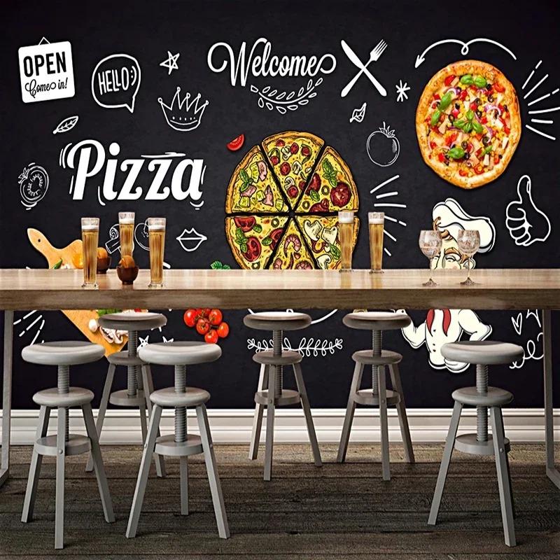 3d Photo Wallpaper Black Hand Painted Pizza Shop Wall Mural Restaurant Menu Dining Room Wall Paper Decor