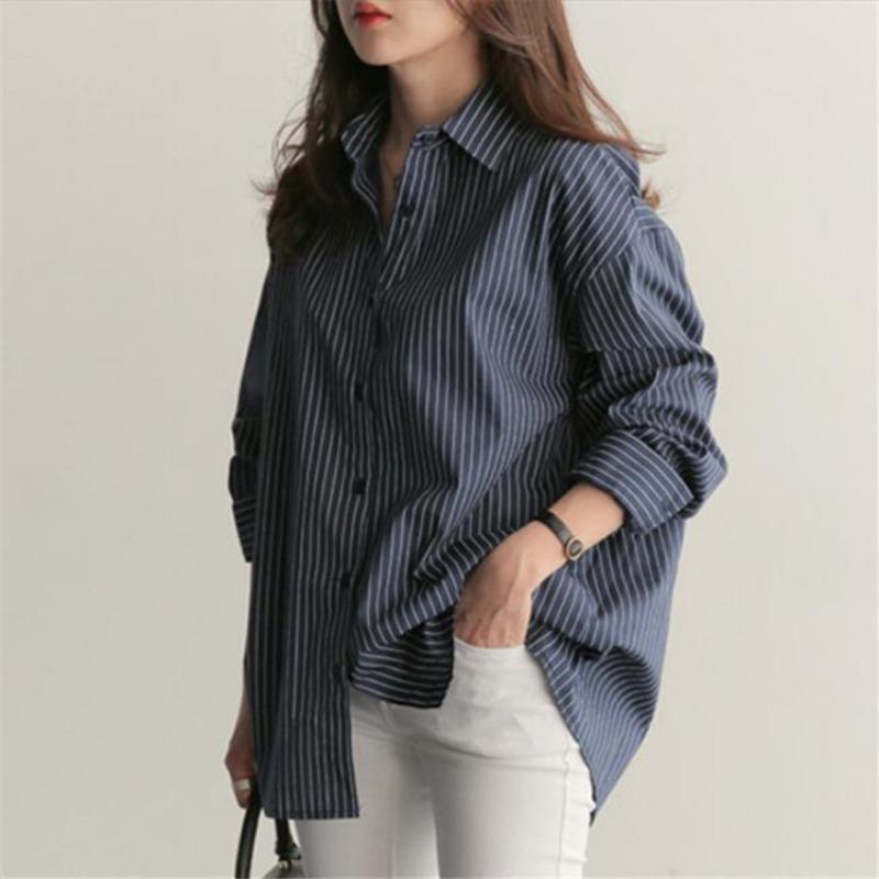 Blue Striped Loose Fit Plus Size Long Sleeve Shirt College Style Casual Blouse