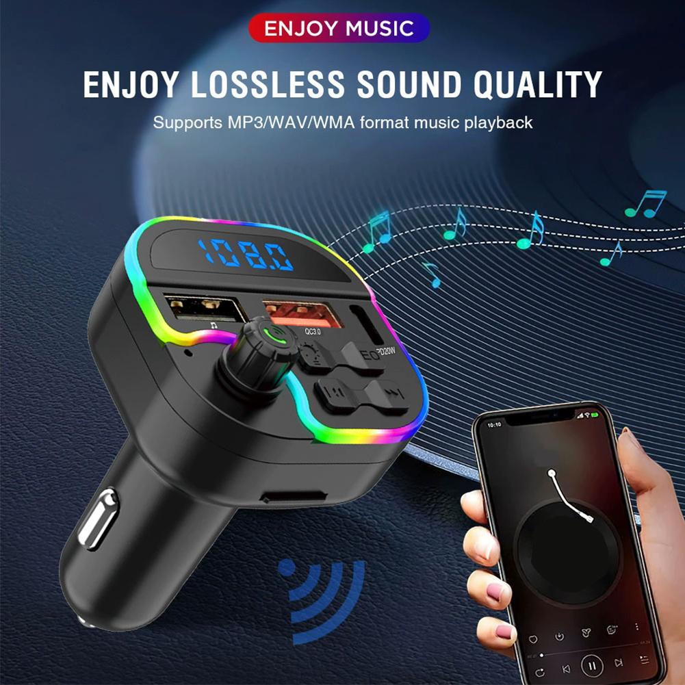 Car Bluetooth 5.0 FM Transmitter Handsfree Car Kit With PD 30W Type-C Dual USB 3.4A Fast Charger Ambient Light Cigarette lighter