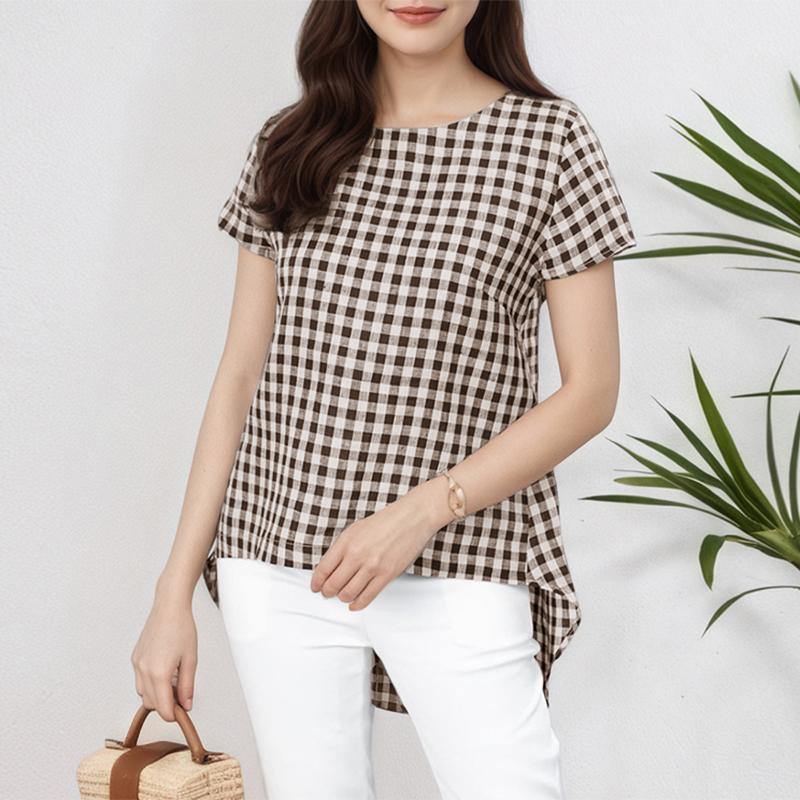 

ZANZEA Women Plaid Print Casual Round Neck Short Sleeve Irregular Blouse 5XL коричневый