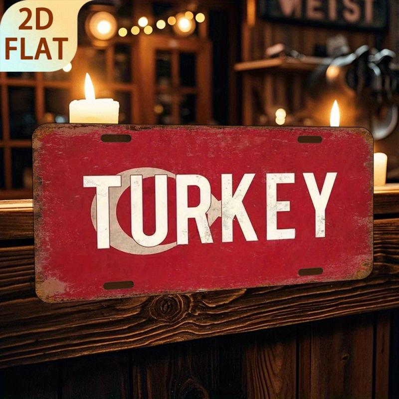 2D Flat - 1pc Vintage "Turkey" Metal Sign - 6x12 Inch, Rustic Aluminum Wall Decor Plaque with Red Background & White Text