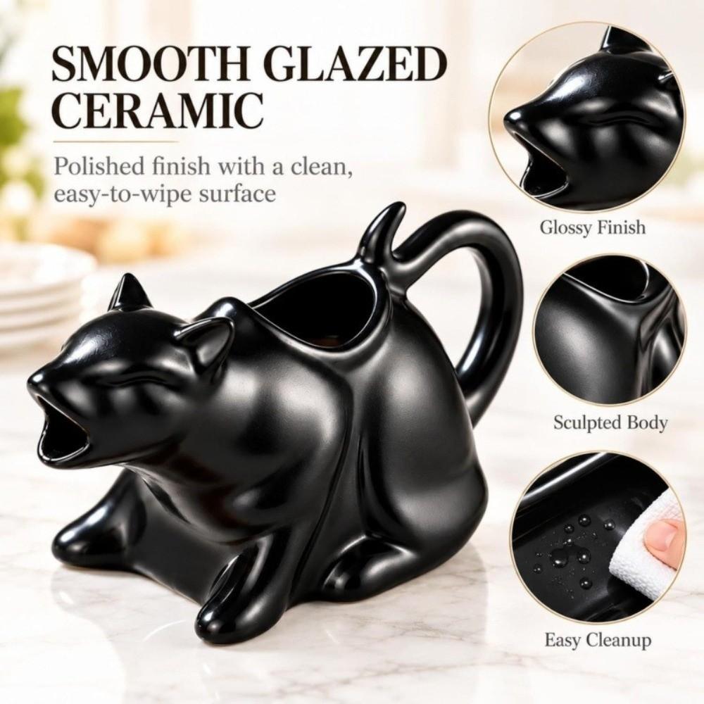 Curved Tail Handle Ceramic Cat Gravy Pitcher Animal Sculpture Cat Milk Jug Figurine Kitchen