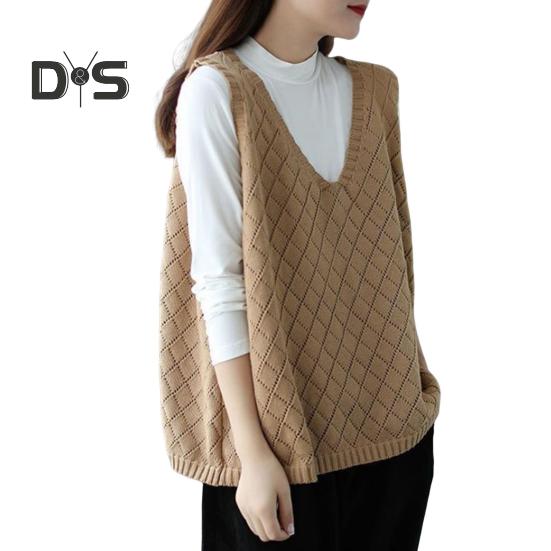 Πλεκτό πουλόβερ γυναικείο γιλέκο άνοιξη φθινοπώρου Ρετρό V λαιμόκοψη Φαρδύ αμάνικο μονόχρωμο πουλόβερ με κούφια υφή ρόμβου καθημερινά μπλουζάκι