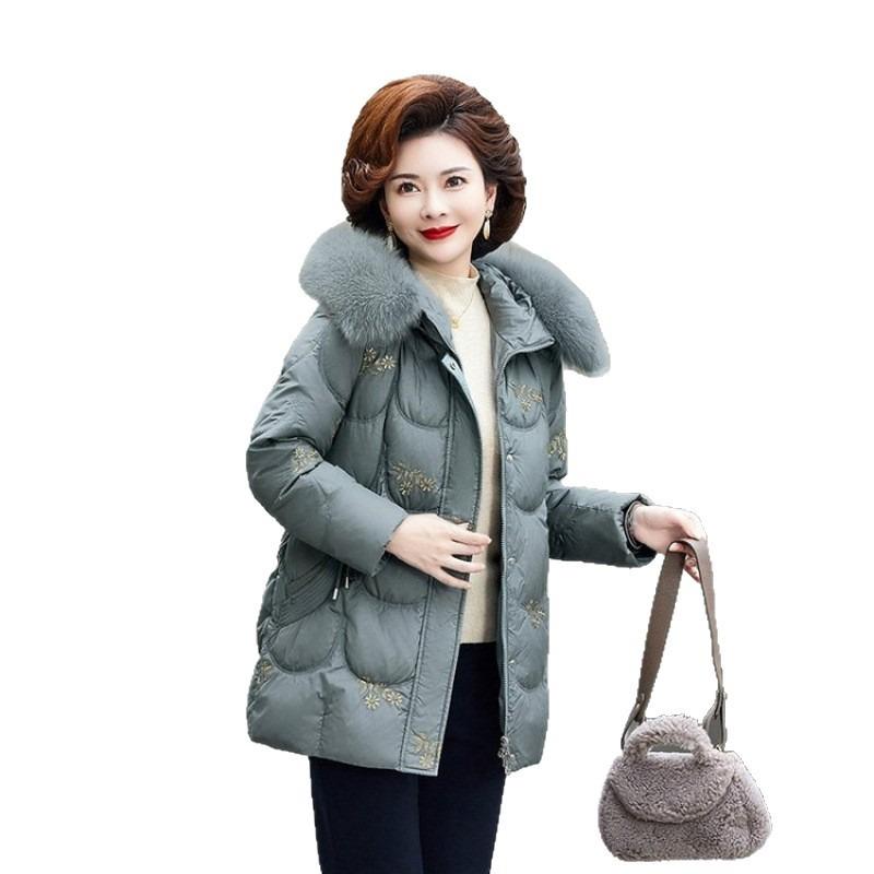 Mom Winter Down Jacket New Real Fur Collar Winter Middle and Old Women's Clothing Thickened Warm White Duck Down Jacket