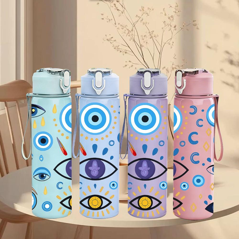 1PC Evil Eye Pattern Art 750ml Color Plastic Sports Water Bottle Leakproof Flip Straw Lid Suitable for Sports Office Home Use