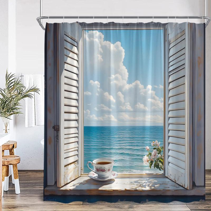 Greek Mediterranean Shower Curtain Purple Flowers Blue Door Window White Architecture Nature Landscape Bathroom Curtains Decor