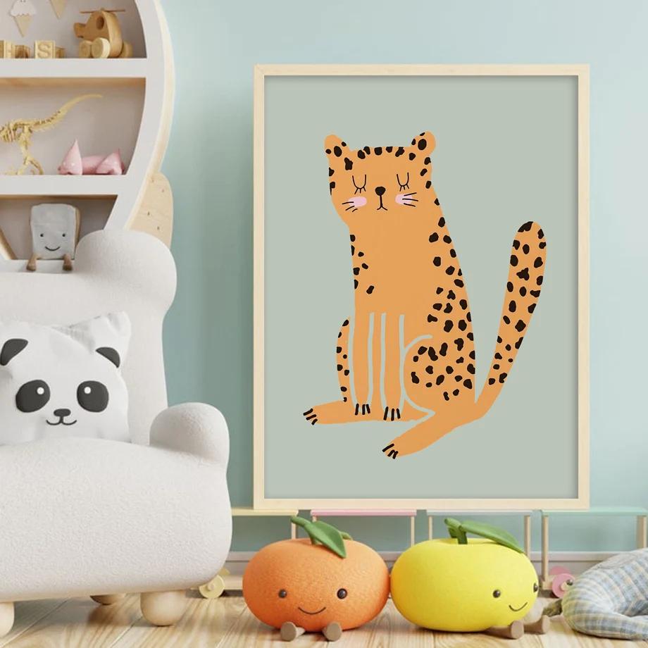 Kawaii Goose Leopard Bear Cherry Butterfly Wall Art Canvas Painting Nordic Posters And Prints Wall Pictures Baby Kids Room Decor