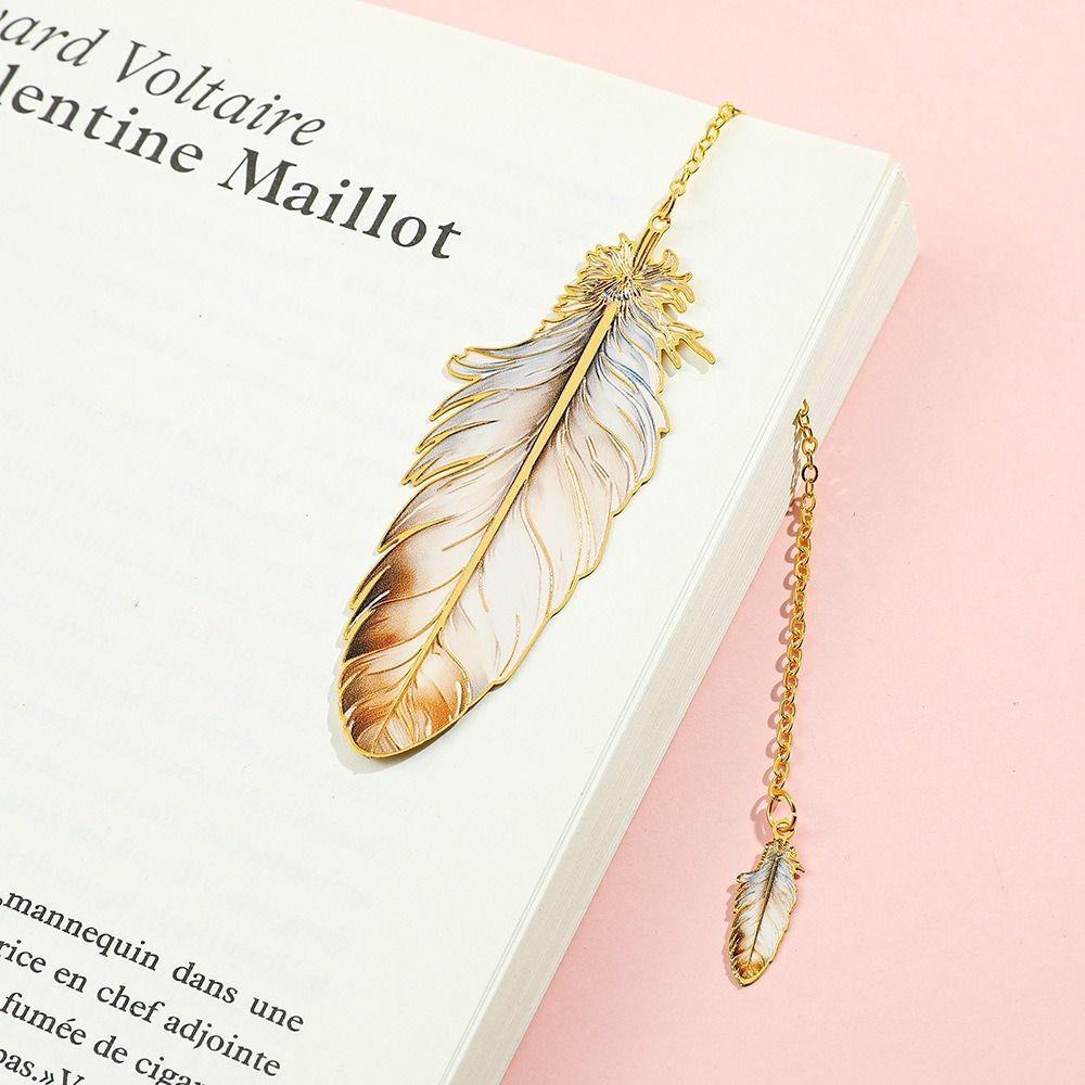 Metal Metal Bookmark Feather Shape With Feather Pendant Book Page Marker Pagination Mark Book Lovers Writers Readers
