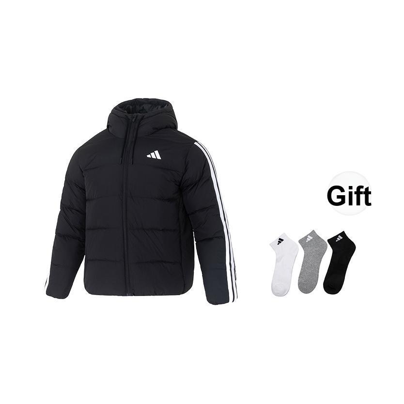 adidas Essentials 3-Streifen Outdoor Warm Winddicht Kapuze Reißverschluss Entendaunen Locker Geschnitten Pufferjacke Herren Jacke Schwarz KH3987