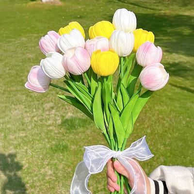 Real Touch Artificial Tulip Flower 13.7" PU Faux Tulips Lifelike Fake Tulip with Long Stem for Wedding Home Table Centerpiece Spring Garden Decor