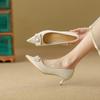 Real sheepskin high heels kitten heel femininity 2025 autumn pearl dress bridal shoes pointed single shoes are not tired