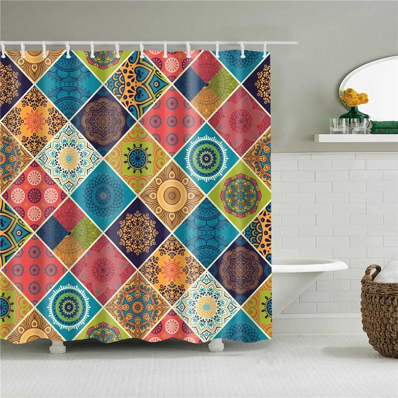 Holzhaus-Tür im Vintage-Stil Mandala Geometrisch Duschvorhang Badezimmervorhang Wasserdicht Polyester mit Haken