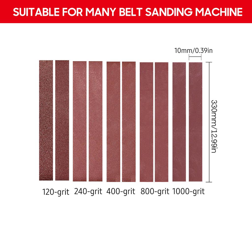 Pasy szlifierskie 10x330mm 10 sztuk (2 sztuki po 120, 240, 400, 800, 1000 ziarnistości( Pas ścierny z tlenku glinu