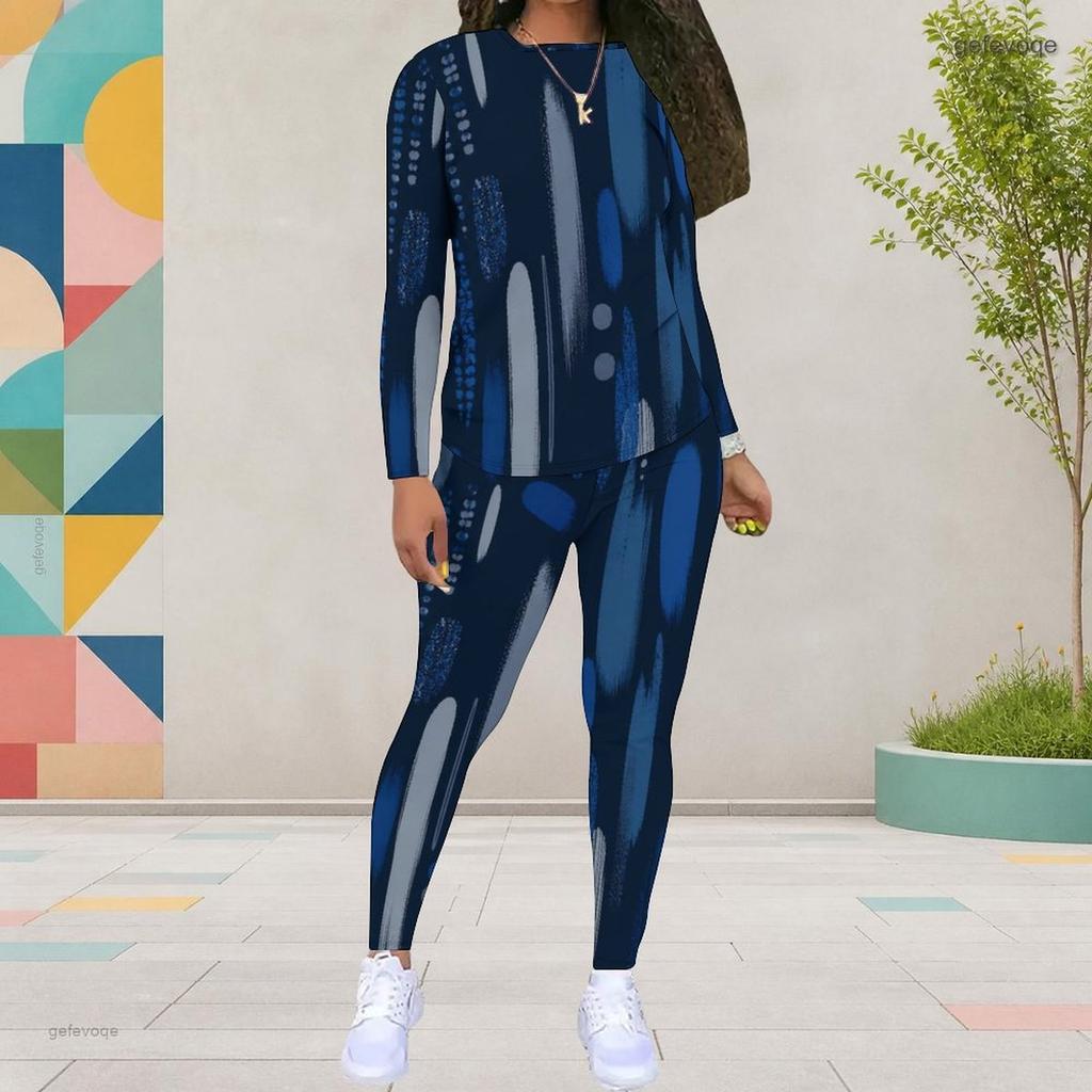 Women Plus Size Dark Blue Printed Round Neck Long Sleeve Top And Fitted Pants Two Piece Set