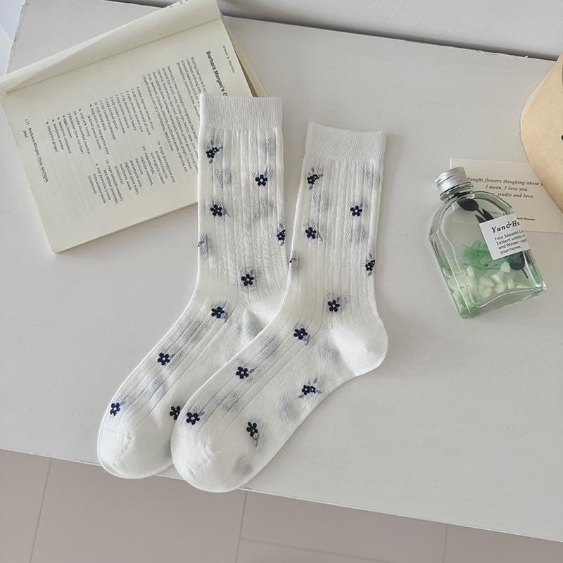 Sock Children's Summer Light Style Open Mesh Breathable Mid-calf Socks with Sweet Small Floral Patterns, Boneless Stockings