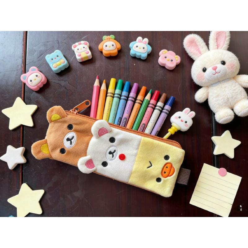 Plush Pencil Case Cute Cartoon Animal Large Capacity Portable Creative Stationery Storage Bag Rilakkuma Style For Kids Students