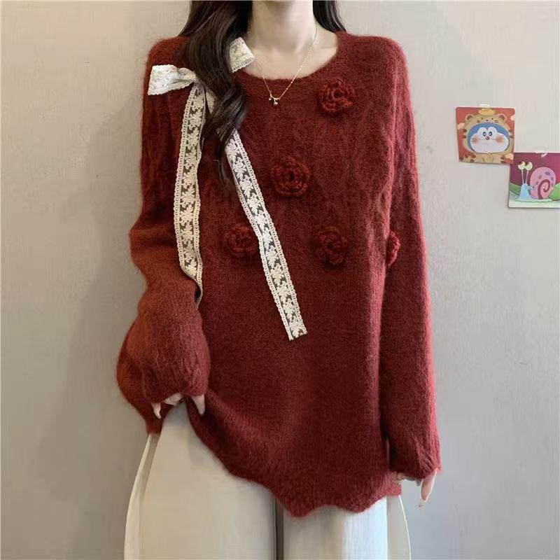 2026 Autumn/Winter 3D Flower Bow Knit Sweater – Women's Gentle, Loose, Temperament Style