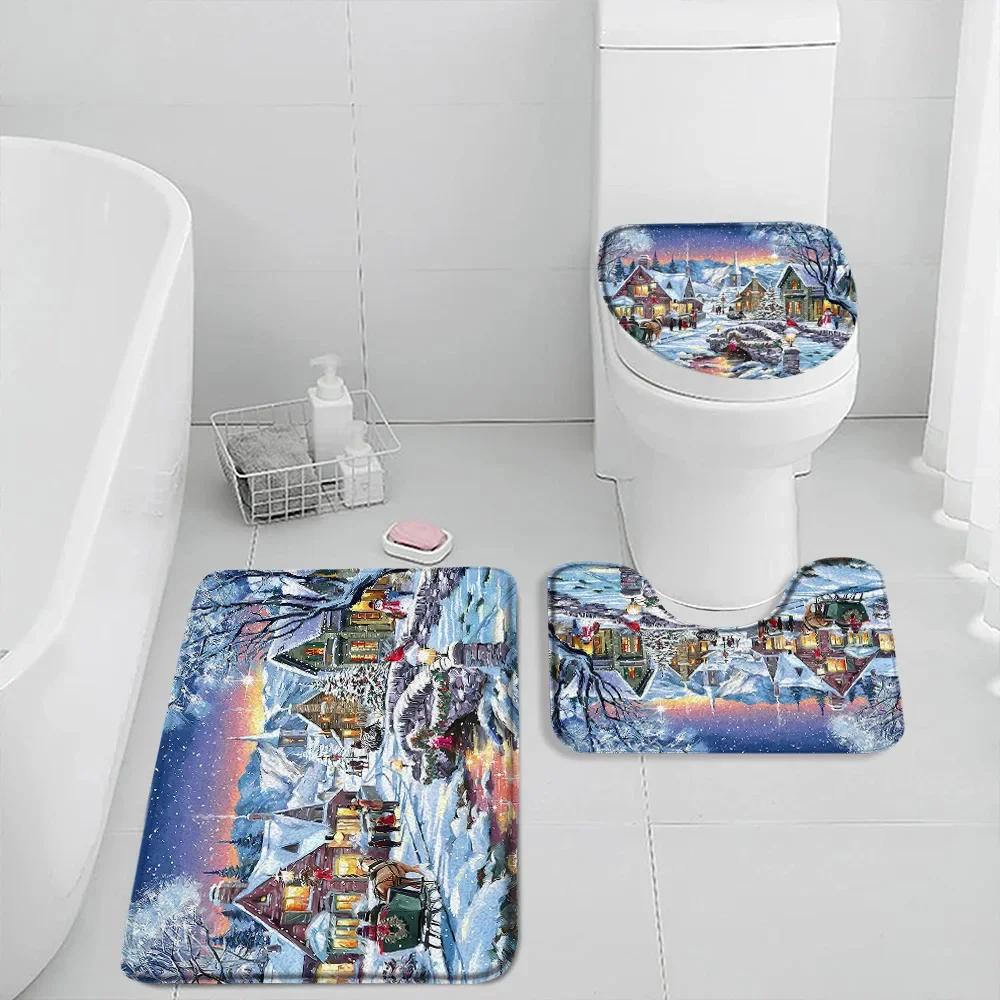 Winter Weihnachten Duschvorhang Set Niedlicher Schneemann Rote Vögel Geschenke Wald Zeder Neujahr Xmas Badezimmer Deko Duschvorleger Toilettensitzbezug