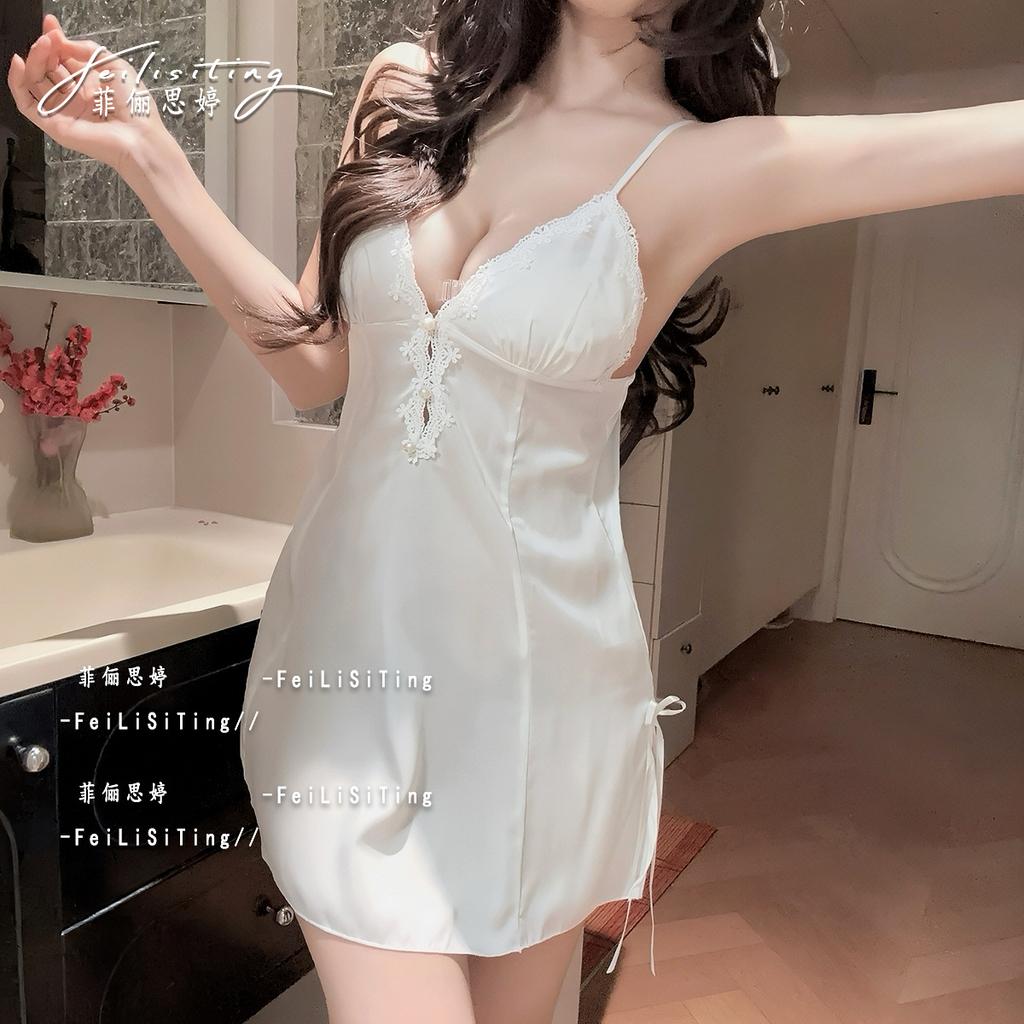 1011 new sexy solid color lace suspender nightdress women's summer pure desire wind Ice Ribbon chest pad loungewear set