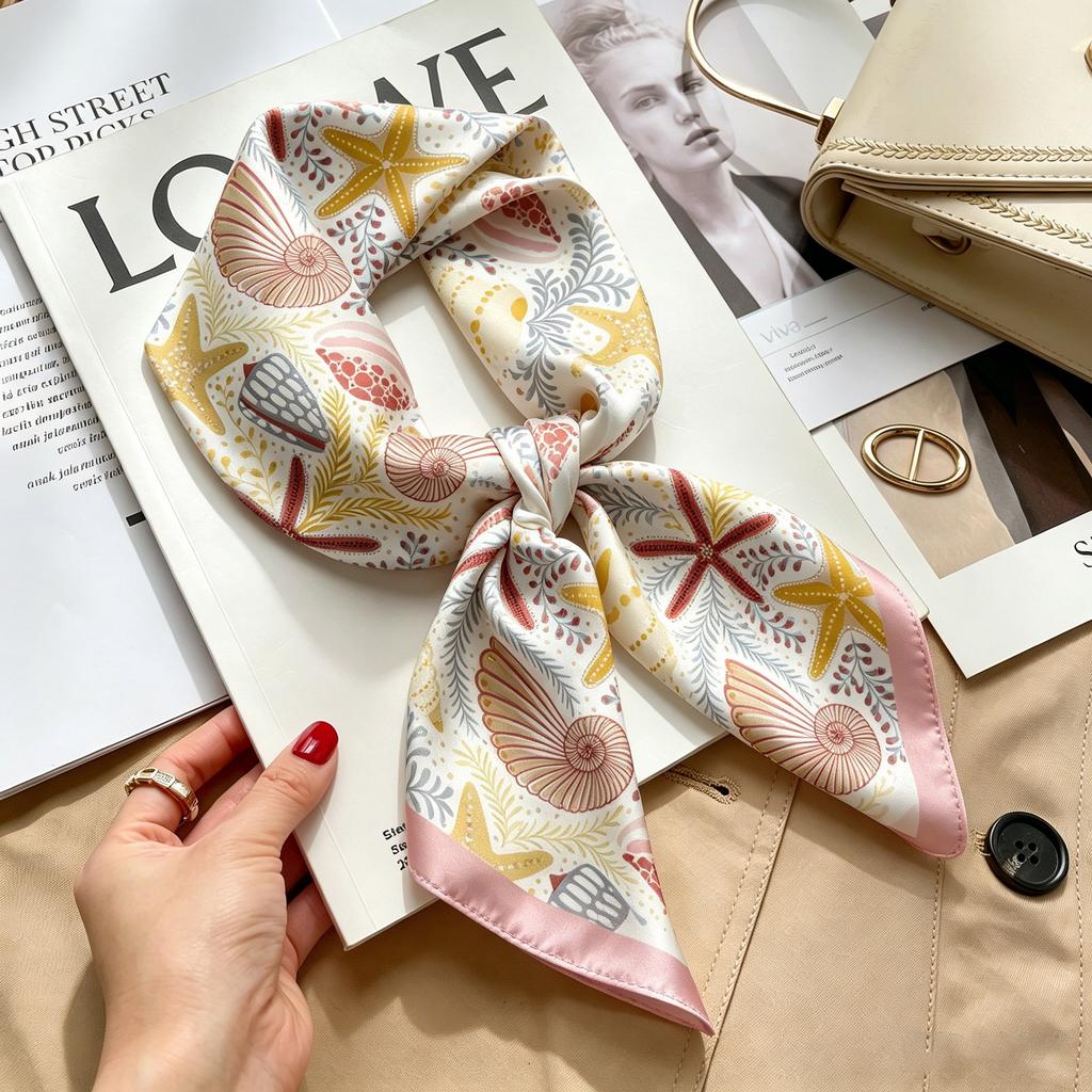 Commuter elegant flower silk scarf women's contrasting color retro printing satin scarf shirt with multi-purpose decorative small scarf