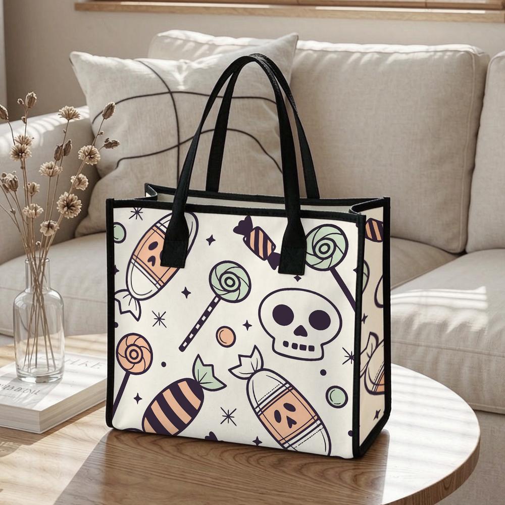 Cute Halloween Skull Candy Printed Large Capacity Daily Tote Bag for Women Casual Outdoor Shoulder Handbag