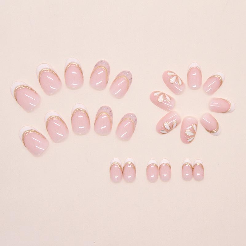 French Style Art Nail Patch 3D Flower Gold Line Fake Nails Reusable Nail Tips For Women Diy Manicure Accessories