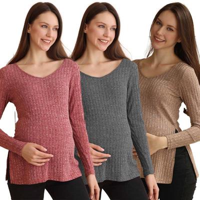 New Velvet V-Neck Maternity Top with Slits - Solid Color, Long-Sleeved.