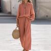 Women's Loose Two Piece Outfit Long Sleeve Collar Shirt High Waist Wide Leg Linen Matching Suit